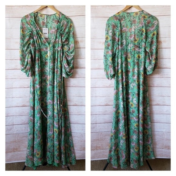 Free People Earthfolk Button Front V-neck Ruched Sleeve Maxi Floral Print Dress - Picture 5 of 15